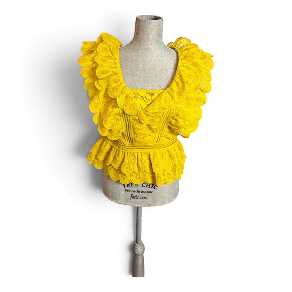NWOT Valentine Yellow Eyelet Lace Ruffle Peplum Summer Top, Medium